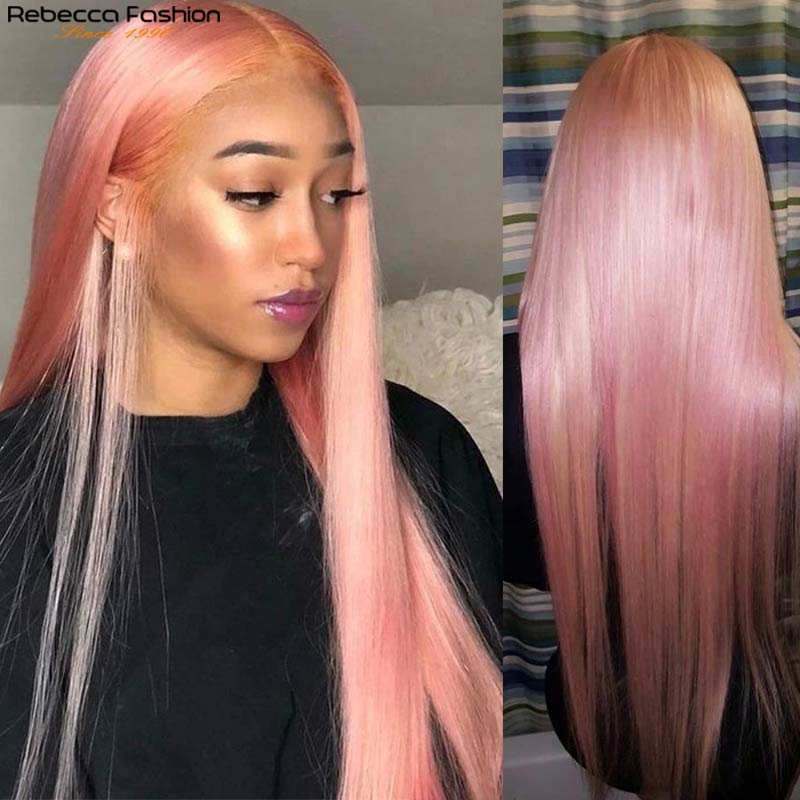 Straight Human Hair Wigs Pink Wig Peruvian Remy Hair Transparent Lace 4x4